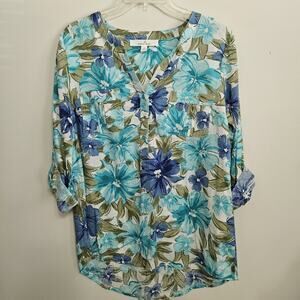Ecco Bay Sz M Womens Linen/Rayon Tunic Shirt V-neck Roll Tab Pockets Floral NWOT